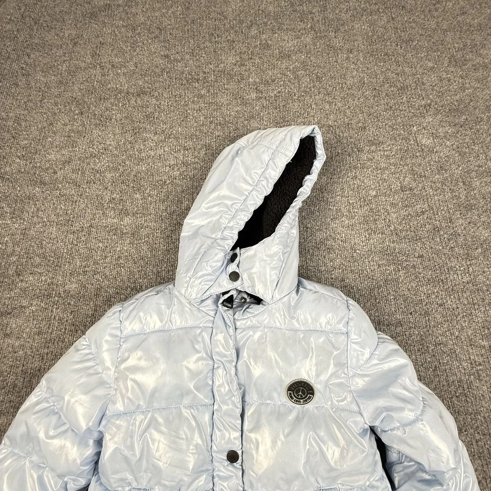 Justice Puffer Jacket Girls XS 5/6 Blue Hooded Sherpa‎ Lined Winter Coat Zip